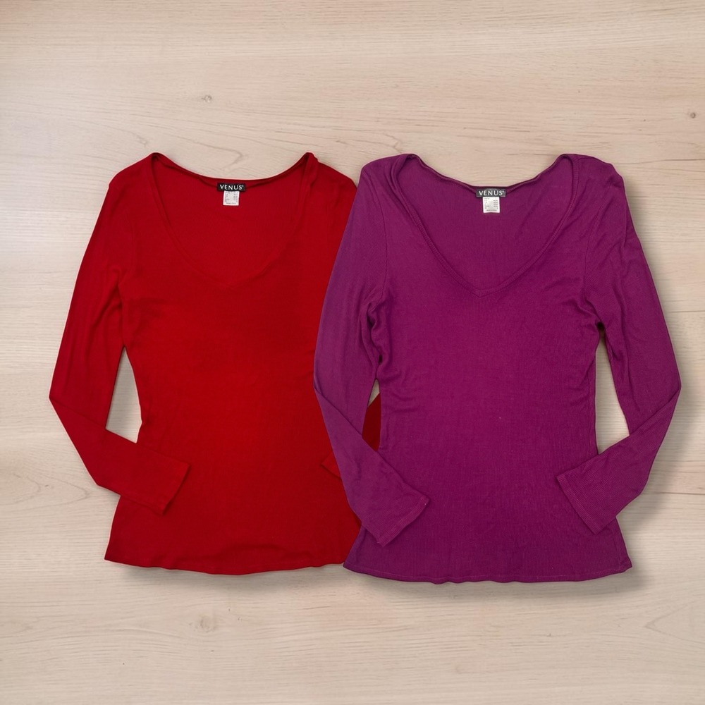 VENUS Viscose Long Sleeve Tops Large 2pc Set Red Purple Stretch Fall Layering